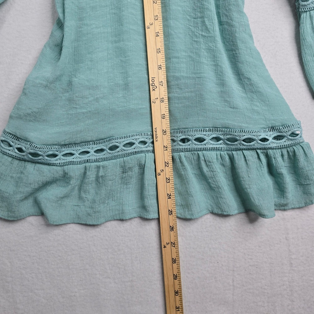 NEW DIRECTIONS Teal Crinkle Gauze Boho Tiered Ruffle Dress Crochet Trim Size L - Picture 5 of 7